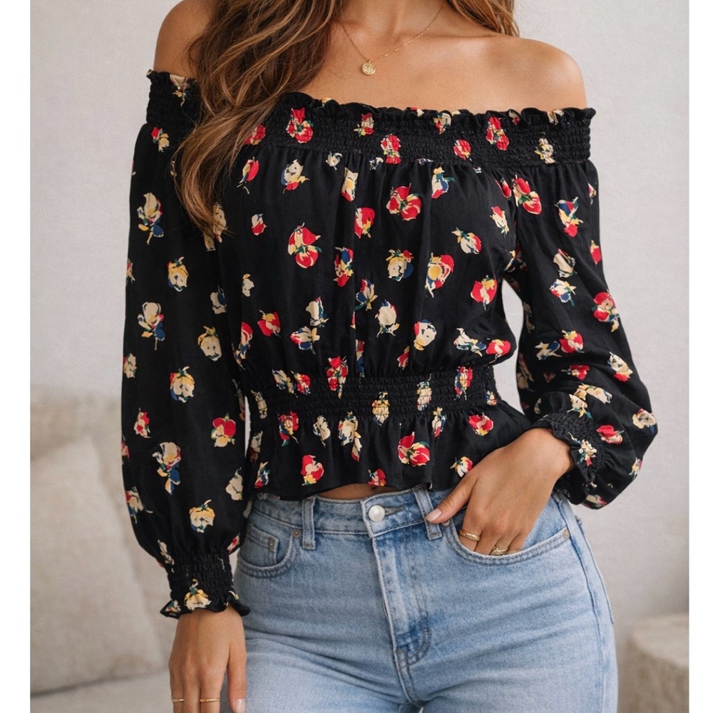 Ralph Lauren Black Floral Smocked Blouse